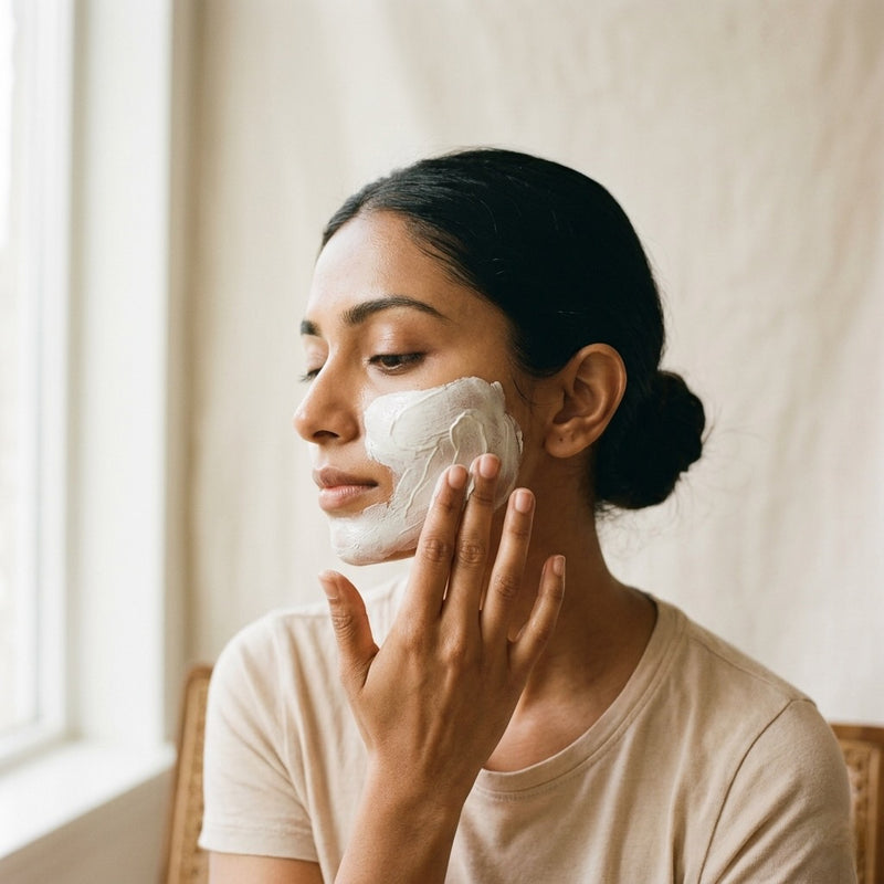Woman applying Corva Derma Glow face mask